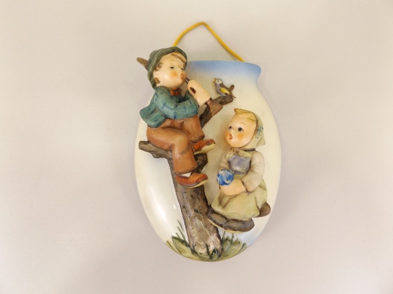 lot 76 image: Vintage M.J. Hummel Goebel Boy and Girl Sitting in Tree Wall PocketVase #360A