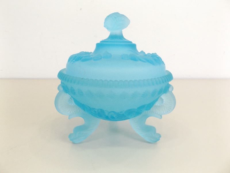 lot 100 image: Vintage Light Blue Satin Frosted Glass Footed Covered Compote