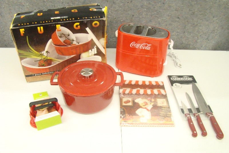 lot 176 image: New etc. Red Cast Iron Enameled Pans, Knives, etc.