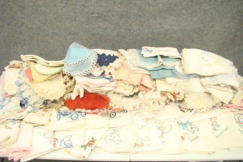 lot 107 image: Huge Lot Handmade Tatting and Embroidered Cloth