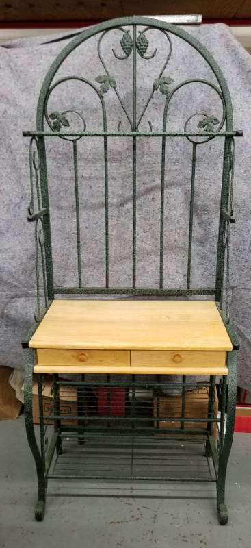 lot 113 image: Green Iron Bakers Rack with Drawers