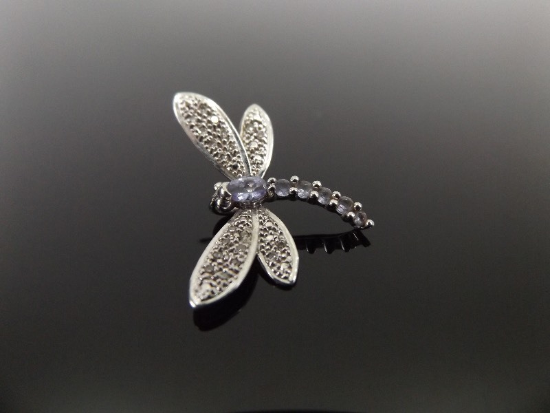 lot 29 image: 10k White Gold Amethyst Diamond Accented Dragonfly Pendant