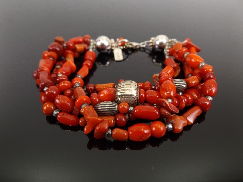 lot 39 image: .925 Sterling Silver Peyote Bird Brand Red Coral Bracelet