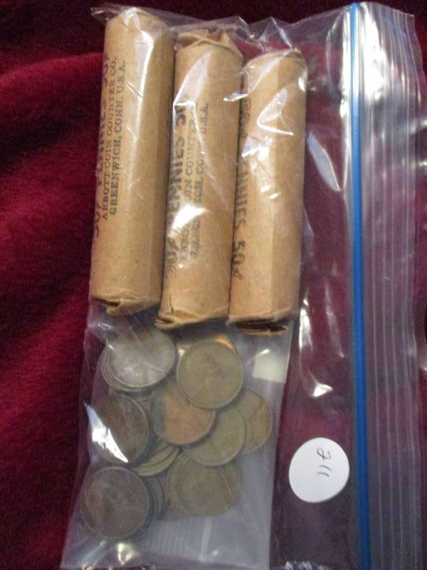 lot 211 image: Pennies-3 Roll 1954, 1936, 1960 D along with a bag of old wheat pennies