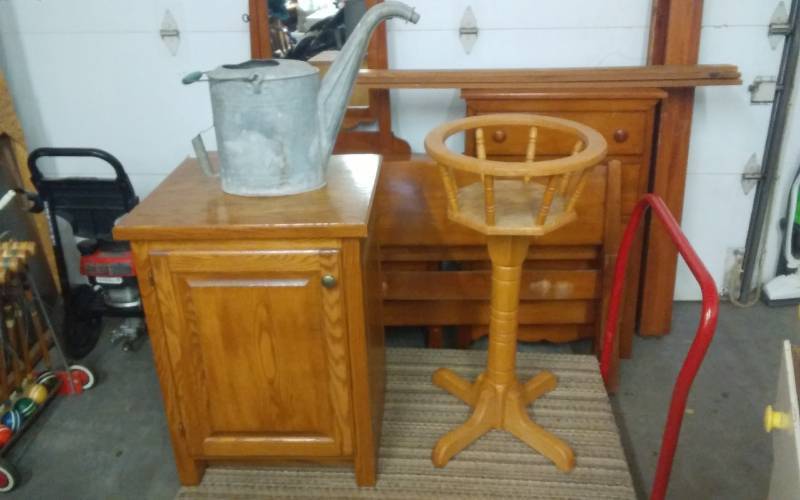 lot 2 image: Oak Cabinet 23x20x31, Oak Plant Stand 35 Inches, Old Galvanized Watering Can
