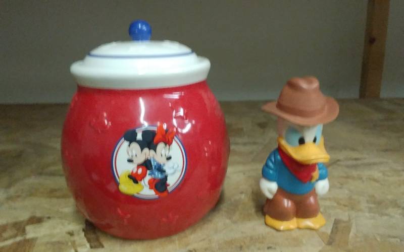 lot 18 image: Vintage Donald Duck Rubber Tootsie Toy, Mickey Mouse Canister