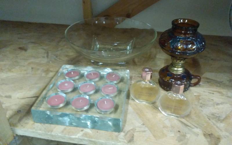 lot 21 image: Glass Votive Candle Stand, 11 Inch Glass Bowl, Brown Glass Oil Lamp, 2-Perfume Estee Lauder Sensuous