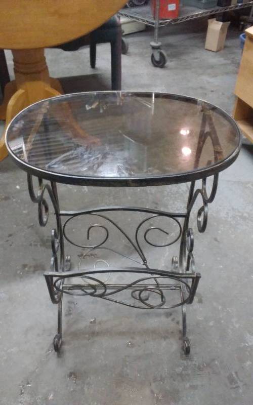 lot 28 image: Glass Top Side Table 19x14x25, Metal Scroll Frame Magazine Rack