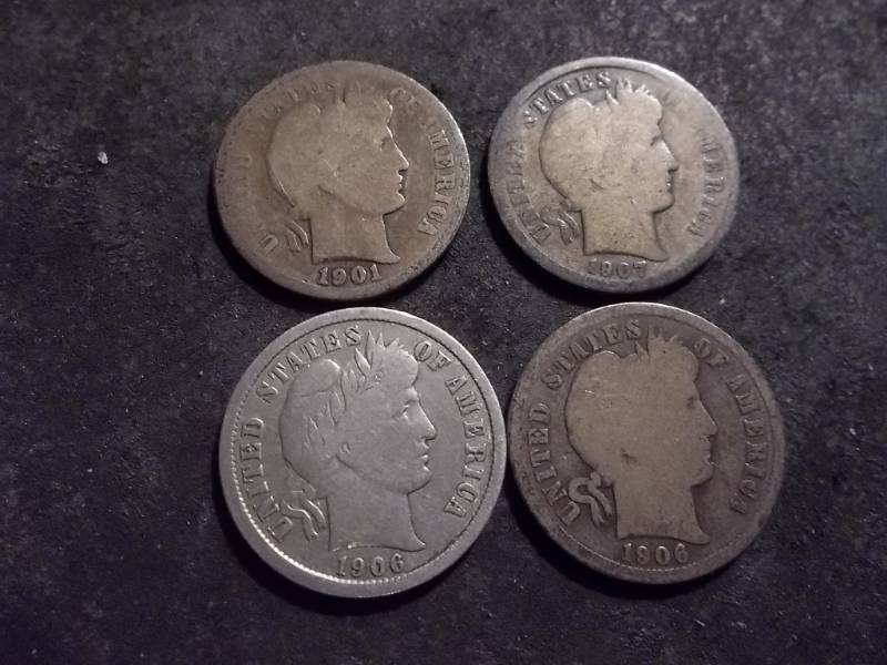 4-Barber Dimes  1901, 1906, 1906 S, 1907
