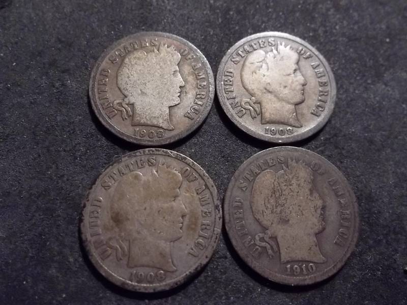 4-Barber Dimes  1908, 1908 D, 1908 S, 1910