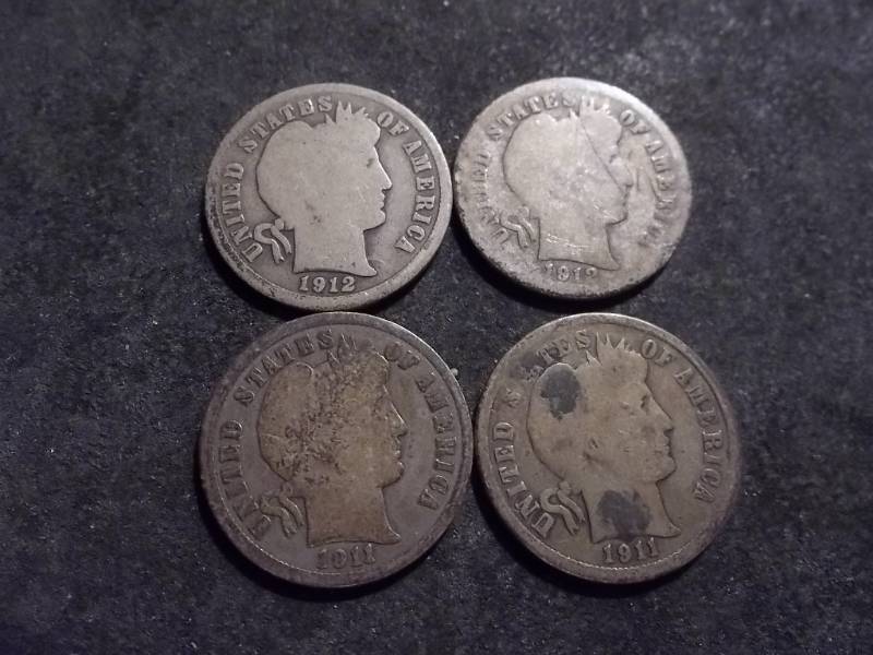 4-Barber Dimes  1911, 1911 D, 1912, 1912 D