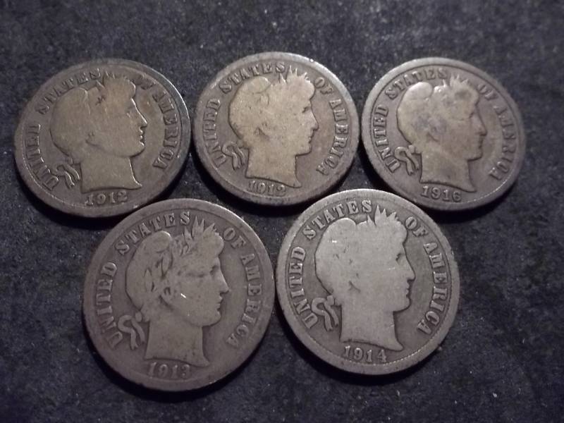 5-Barber Dimes  1912, 1912 D, 1913, 1914, 1916