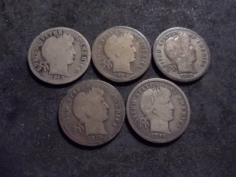 5-Barber Dimes  1913, 1914 S, 1915, 1915 S, 1916