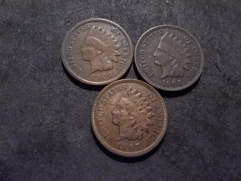 3-Indian Head Cent 1907, 1908, 1909