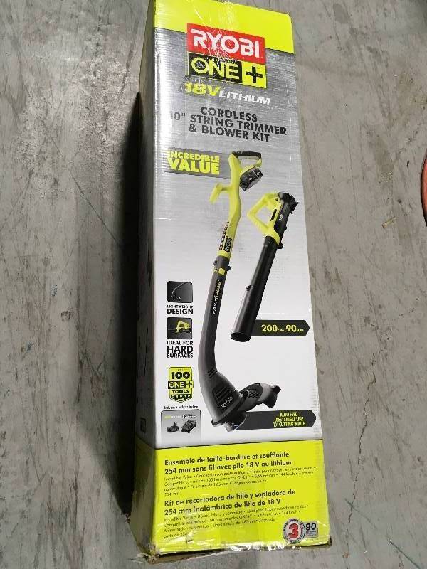 lot 2 image: RYOBI ONE 18-Volt Lithium-Ion String TrimmerEdger and Blower Combo Kit 2.0 Ah Battery and Charger Included open box in like new condition