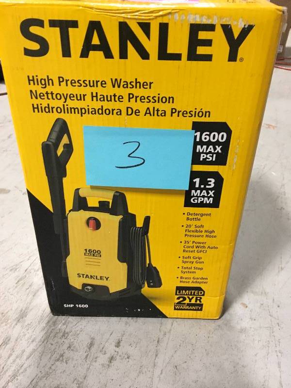 lot 3 image: Stanley Portable 1,600 PSI 1.3 GPM Electric Pressure Washer with 20 ft. Hose open box in like new condition