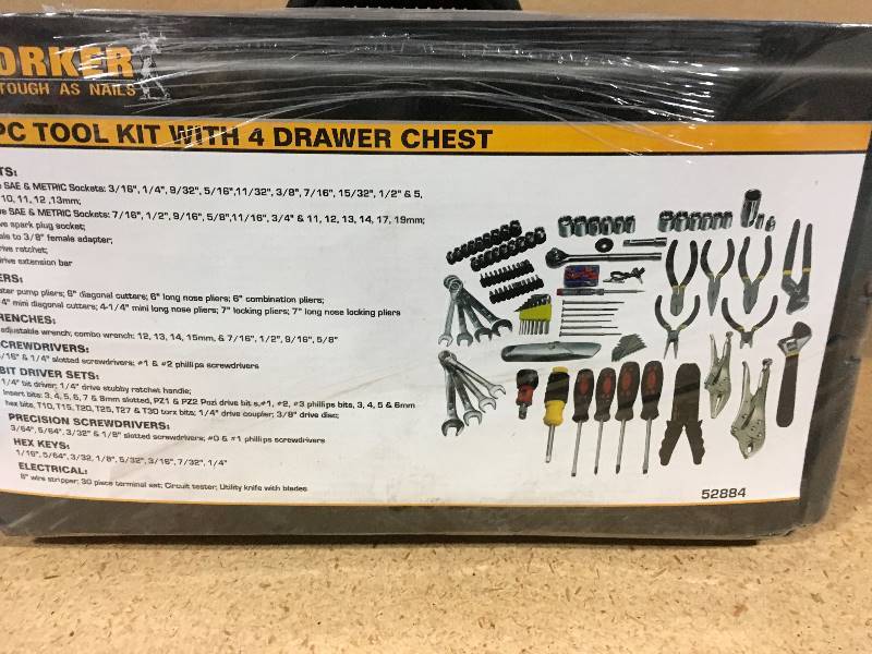 lot 8 image: Worker 4-Drawer Tool Chest with 105-Piece Tool Kit open box in like new condition