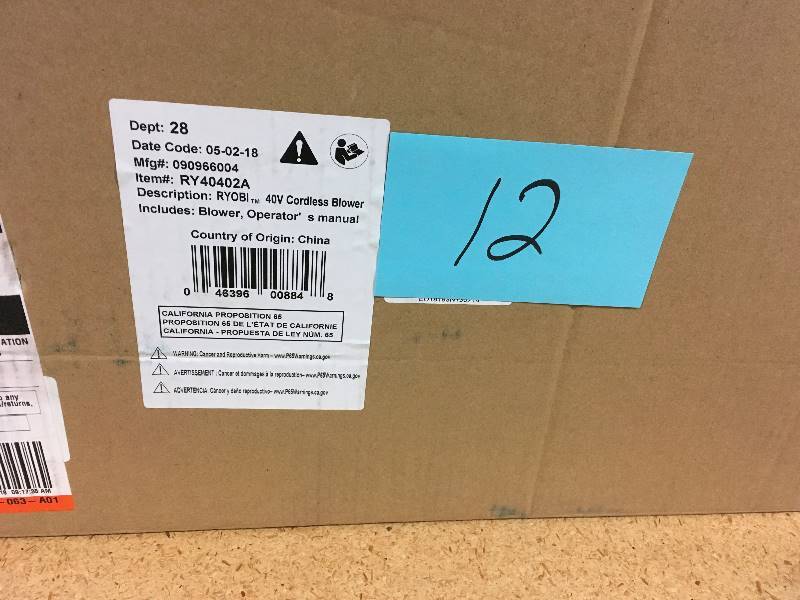 lot 12 image: RYOBI 155 MPH 300 CFM 40-Volt Lithium-Ion Cordless Jet Fan Leaf Blower - Battery and Charger Not Included open box in like new condition