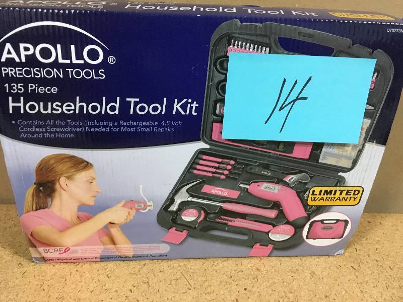 lot 14 image: Apollo 135-Piece Household Tool Kit in Pink open box in like new condition