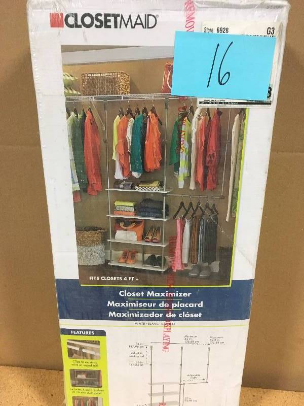 lot 16 image: ClosetMaid 4 ft. - 8 ft. 11.6 in. D x 42 in. W x 66 in. H Laminate Closet System Maximizer in White not used
