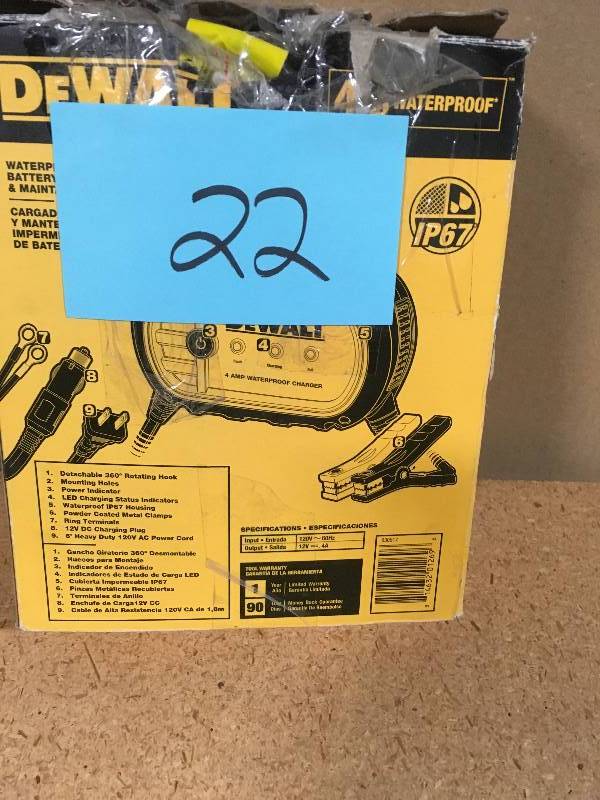 lot 22 image: DEWALT 4 Amp Professional Waterproof Battery Charger open box in like new condition