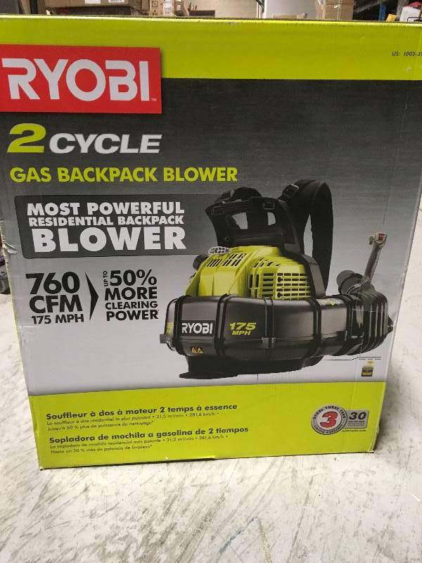 lot 23 image: RYOBI 175 MPH 760 CFM 38cc Gas Backpack Leaf Blower open box in like new condition
