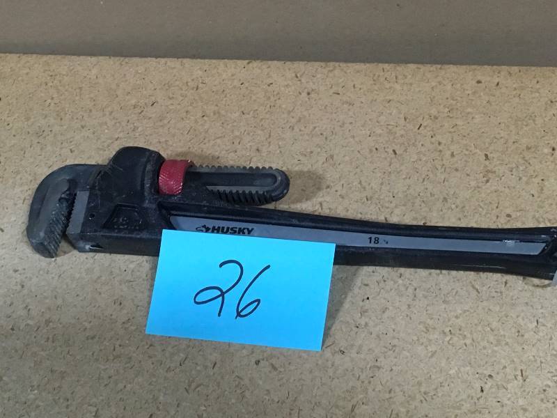 lot 26 image: Husky 18 in. Heavy-Duty Cast Iron Pipe Wrench with 2 in. Jaw Capacity open box in like new condition