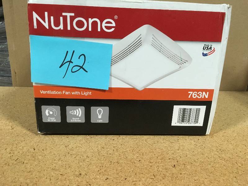 lot 42 image: NuTone 50 CFM Ceiling Bathroom Exhaust Fan with Light open box in like new condition