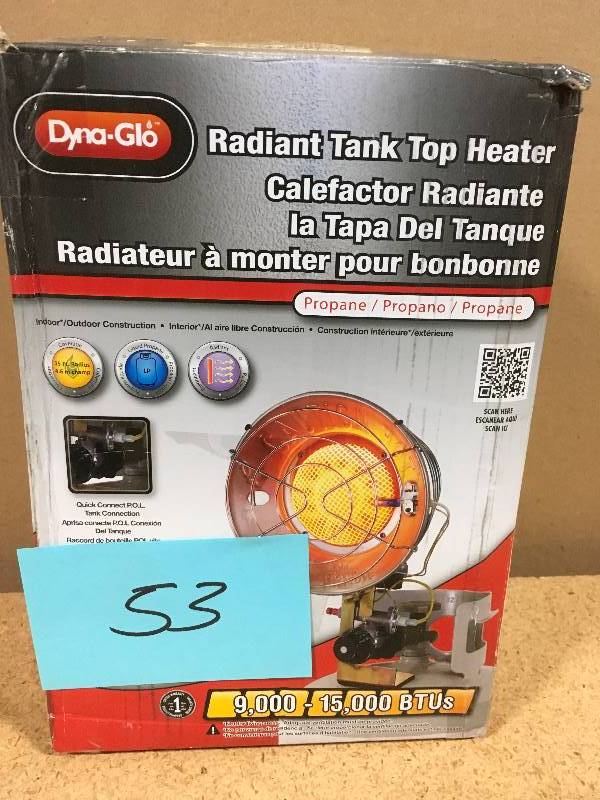lot 53 image: Dyna-Glo Single Burner 15,000 BTU Radiant Tank Top Propane Portable Heater open box in like new condition