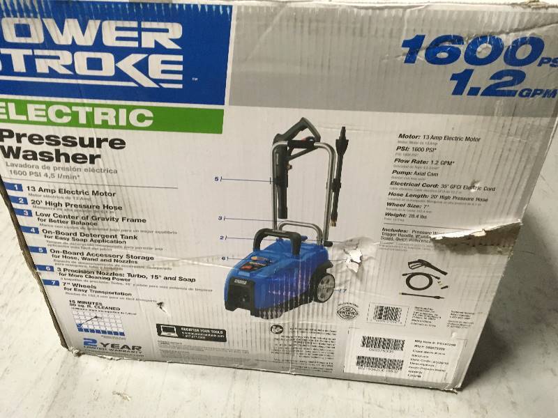 lot 56 image: PowerStroke 1600 PSI 1.2 GPM Electric Pressure Washer open box in like new condition
