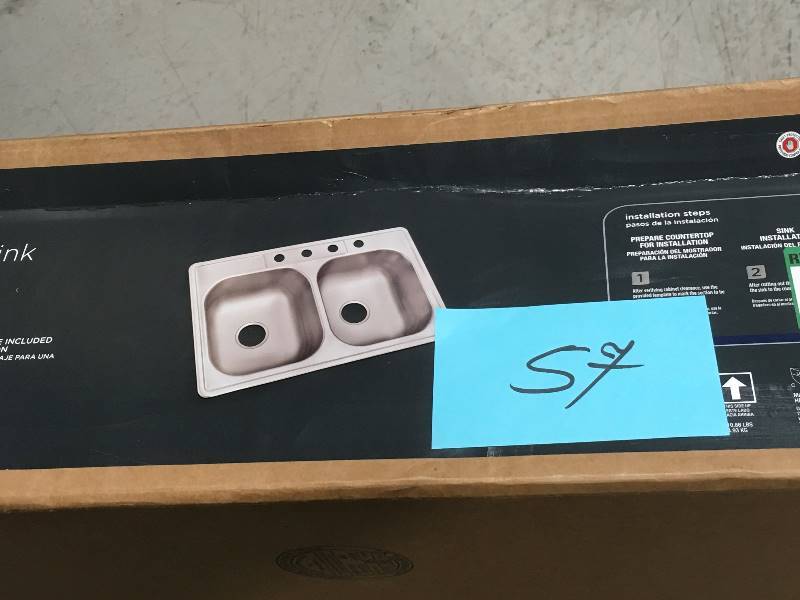 lot 57 image: Glacier Bay Drop-In Stainless Steel 33 in. 4-Hole Double Bowl Kitchen Sink open box in like new condition