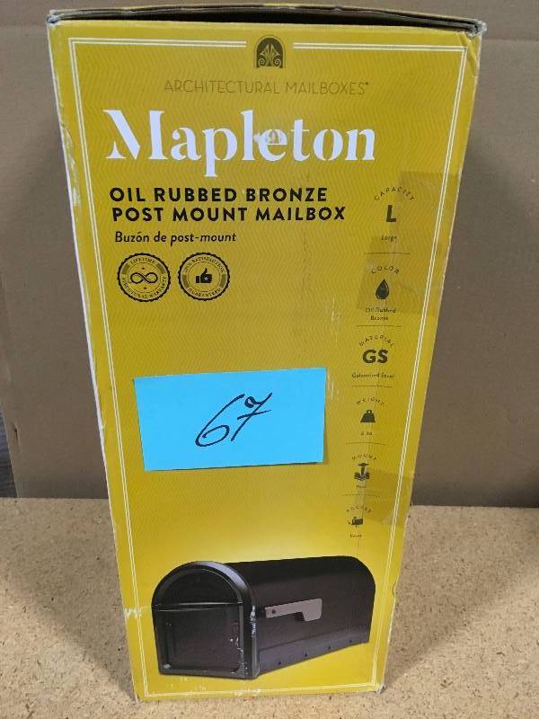 lot 67 image: Architectural Mailboxes Mapleton Post Mount Mailbox Rubbed Bronze with Premium Champagne Flag not used
