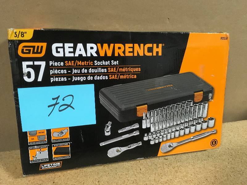 lot 72 image: GearWrench 38 in. Drive SAEMetric Socket Set (57-Piece) open box in like new condition
