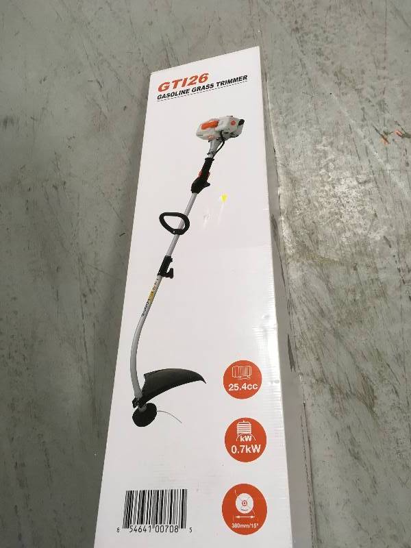 lot 75 image: 2-Cycle 26 cc Curved Shaft Gas String Trimmer and Brush Cutter open box in like new condition