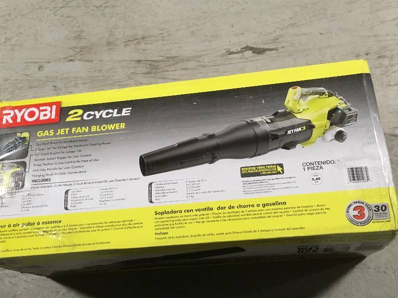 lot 79 image: RYOBI 160 MPH 520 CFM 25cc Gas Jet Fan Blower open box in like new condition
