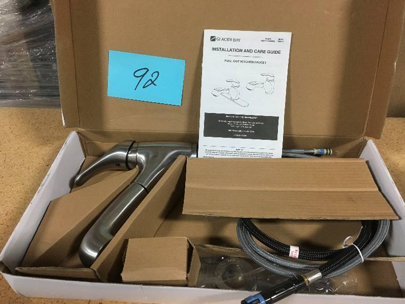 lot 92 image: Glacier Bay Carla Single Handle Pullout Kitchen Faucet in Stainless Steel open box in like new condition