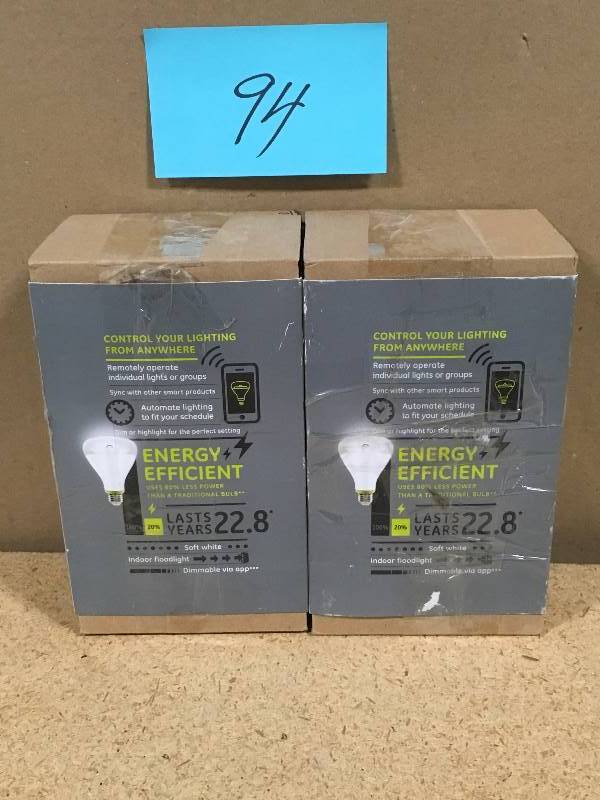 lot 94 image: GE Lightbulbs Link 65W Equivalent Soft White (2700K) BR30 Connected Home LED Lig QTY 2 open box in like new condition