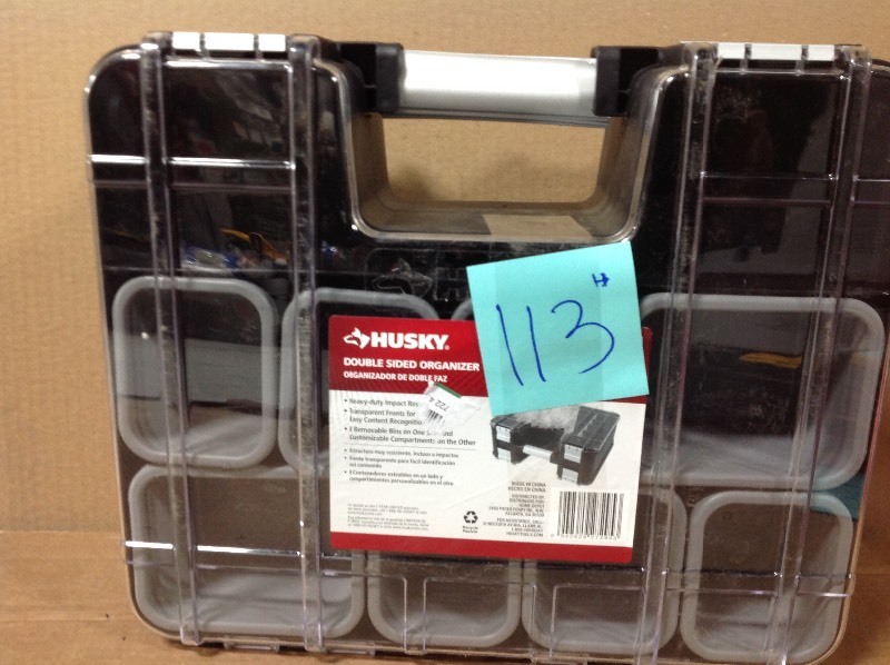 lot 113 image: Husky  15 in. x 13 in. Black Pro Double Sided Small Parts Organizer with Bins (8-Piece) in good conditions