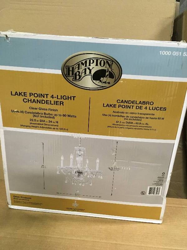Hampton Bay Lake Point 4-Light Chrome and Clear Crystal Chandelier not used