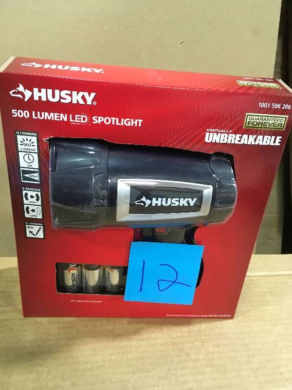 HUSKY 500 Lumen LED SPOTLIGHT 1001 596 206 Virtually Unbreakable WITH BATTERIES not used