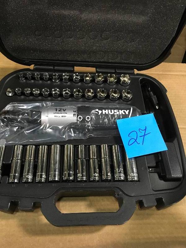 Husky 12-Volt Lithium-Ion 38 in. Drive Cordless Ratchet W 34 Piece Socket Set, Battery, Charger, and Carrying Case in like new condition