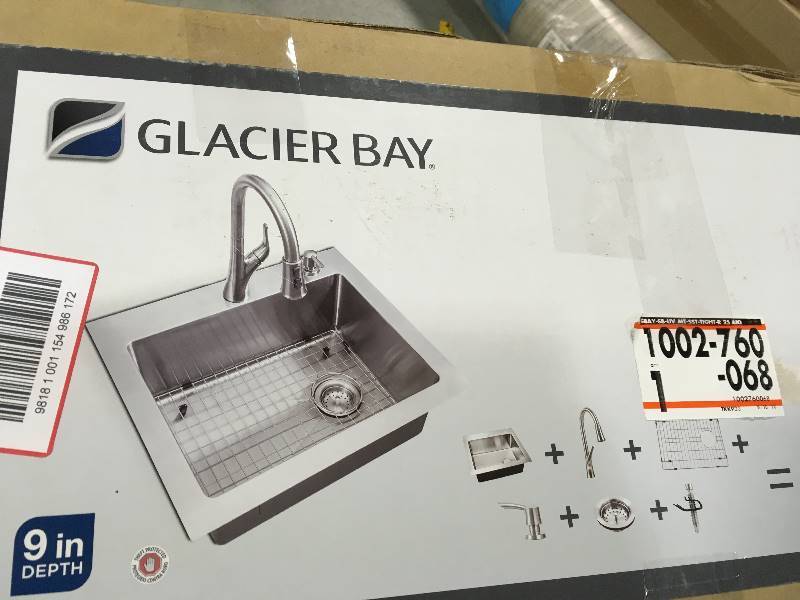Glacier Bay All-in-One Dual Mount Stainless Steel 25 in. 2-Hole Single Bowl Tight Radius Kitchen Sink in Brushed Finish with Faucet open box in like condition