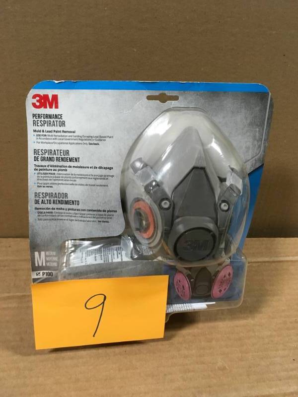 lot 9 image: 3M Medium Mold and Lead Paint Removal Respirator Mask open box in like new condition