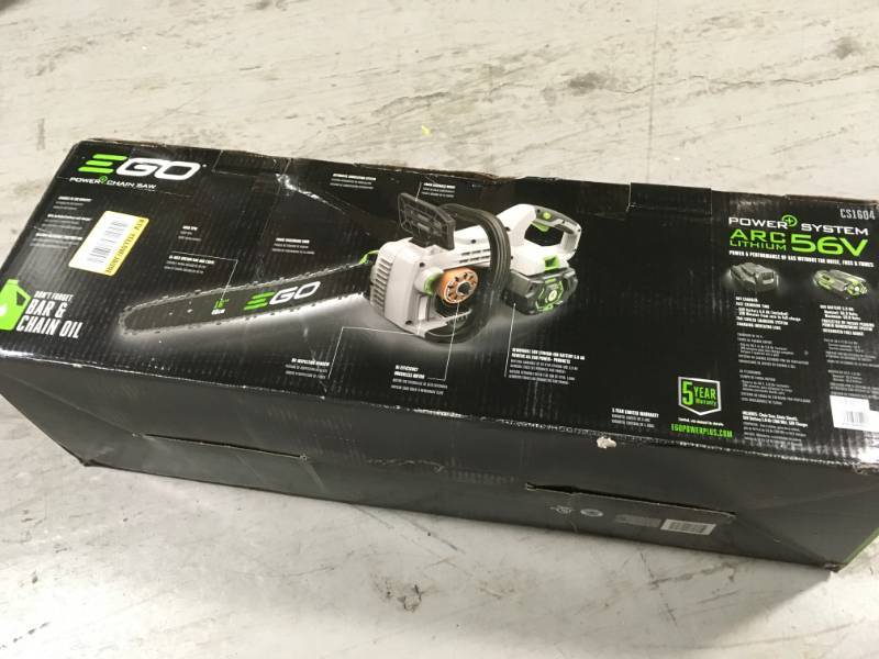 lot 29 image: EGO 16 in. 56-Volt Lithium-ion Cordless Chainsaw with 5.0Ah Battery and Charger Included open box in like new condition