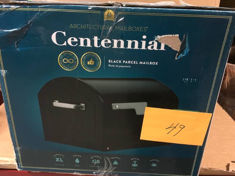 lot 49 image: Architectural Mailboxes Centennial Extra Large Capacity Post Mount Parcel Mailbox in Black with Premium Silver Handle and Flag open box in like new condition