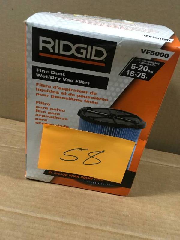 lot 58 image: RIDGID 3-Layer Fine Dust Pleated Paper Filter for 5.0 Plus Gal. RIDGID Wet Dry Vacs not used