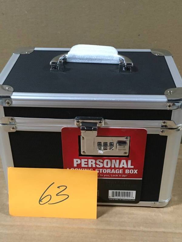 lot 63 image: Vaultz Locking Personal Security Box, 7.75 in. x 7.25 in. x 10 in., Black open box in like new condition