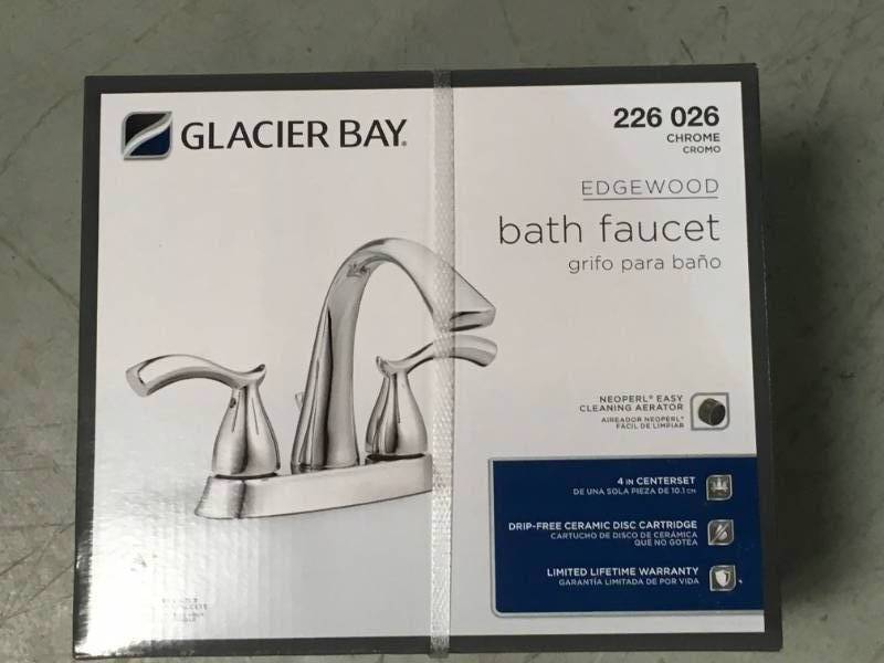 lot 70 image: Glacier Bay Edgewood 4 in. Centerset 2-Handle High-Arc Bathroom Faucet in Brushed Nickel open box in like new condition