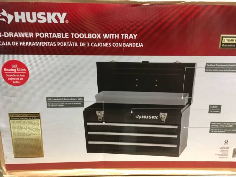 lot 78 image: Husky 20 in. 3-Drawer Portable Tool Box with Tray in very good condition