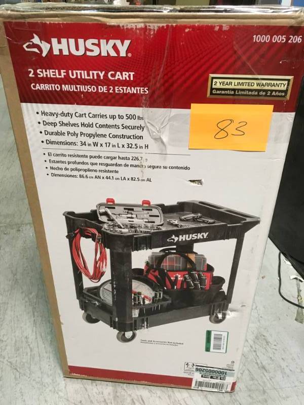 lot 83 image: Husky 16 in. 2-Shelf Utility Cart, Black open box in like new condition